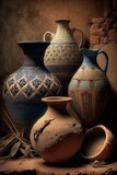 Ancient pottery illustration, old clay vases and pots illustration, generative ai