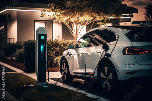 Charging station for electric vehicles with a white car, illustration ai generative