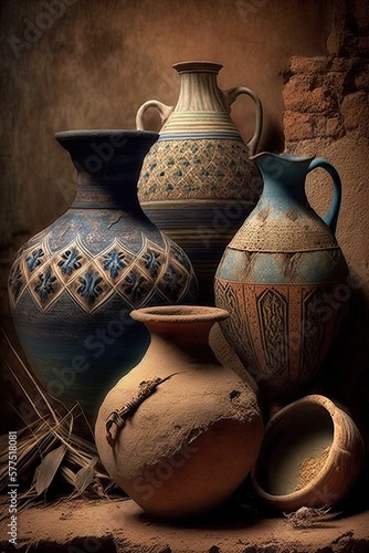 Ancient pottery illustration, old clay vases and pots illustration, generative ai