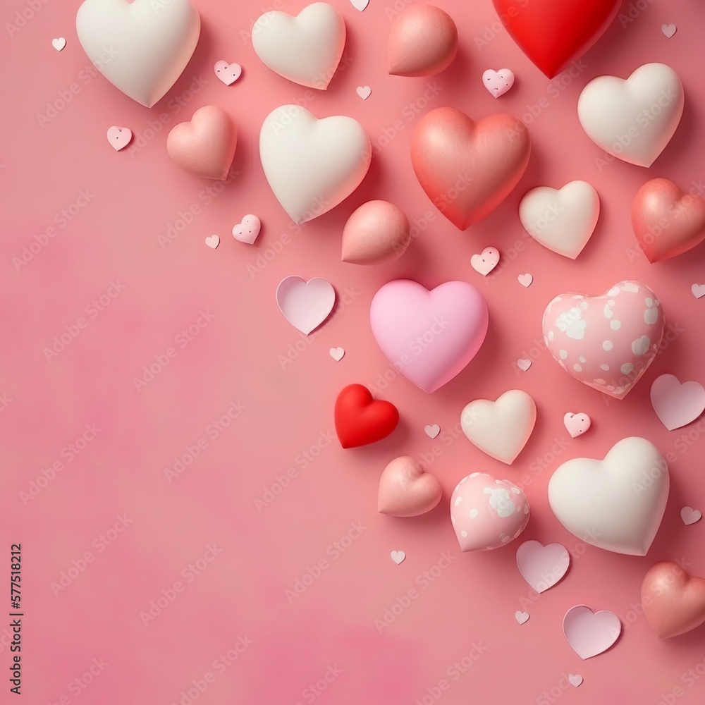 Pink hearts flat lay background, Generative AI