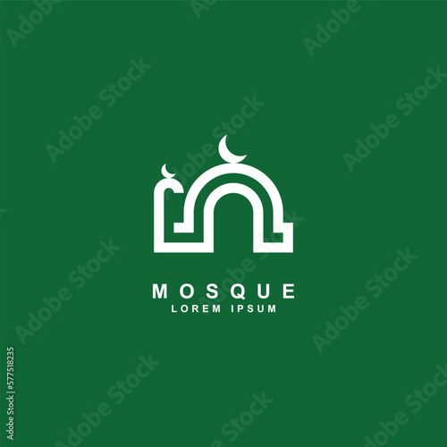 Mosque logo design template elements. White mosque icon vector illustration isolated on green background. Suitable for business, class, islamic center, Ramadhan card, consulting group company.