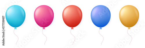 Set of colourful three dimensional balloons: blue, pink, red, orange, golden. 3d vector balloon icon collection for web site, banner, landing page, print, game. Vector illustration.
