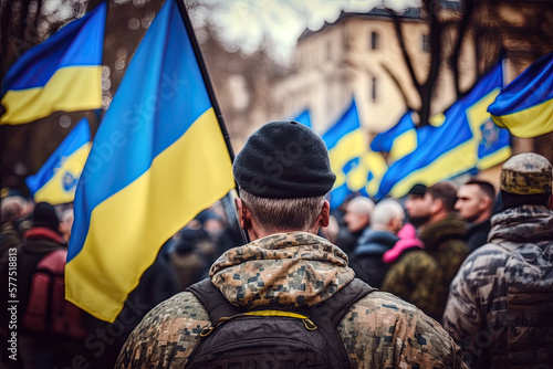 Generative AI illustration of a Man from behind in a demonstration in support of Ukraine and against the war with Ukrainian flags and crowds of people in the background