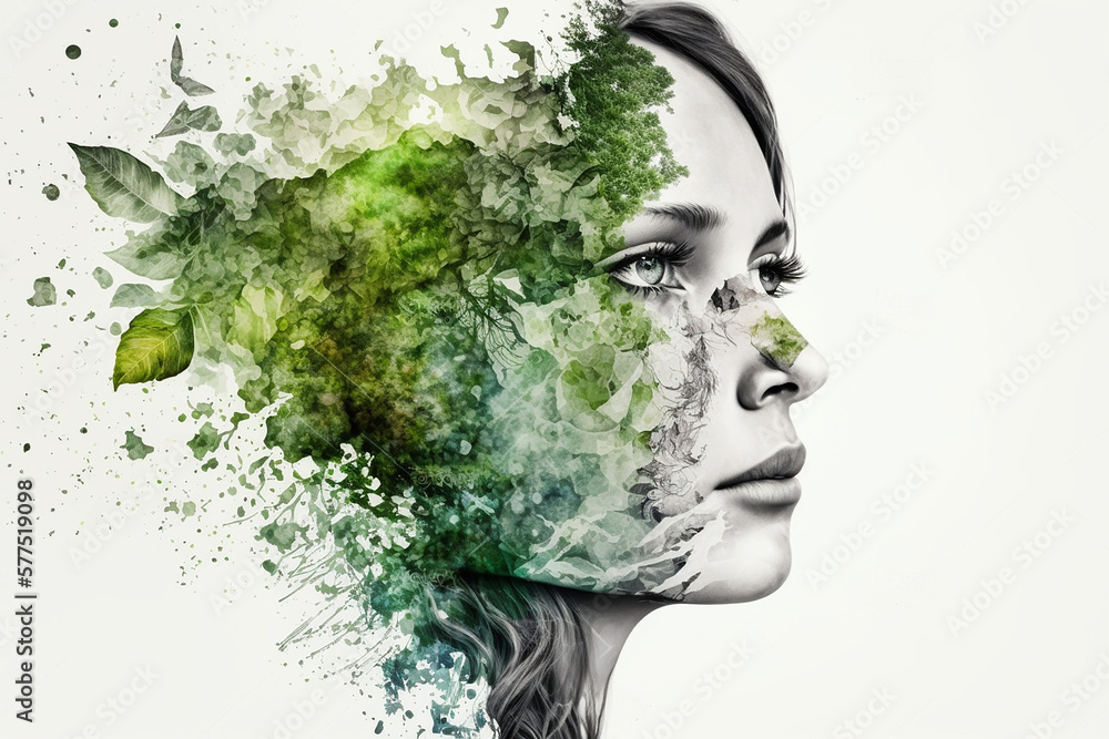 double exposure of woman head and flowers and plants mental health