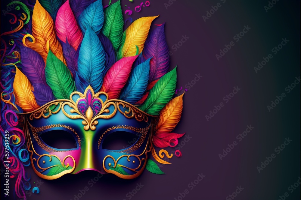 Fototapeta premium Mardi Gras festival mask background illustration with empty copy space, Generative AI