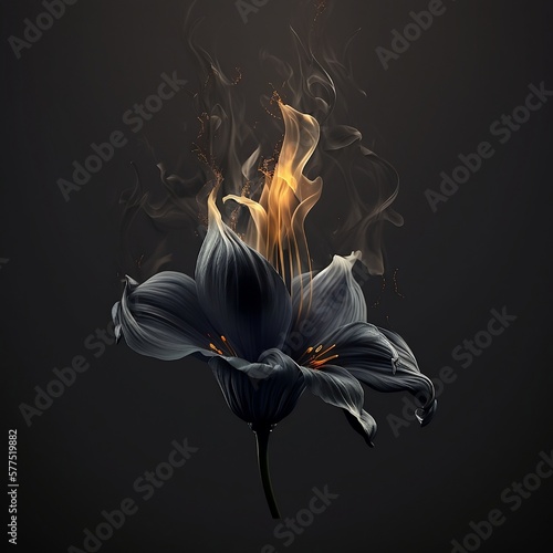 Lily in smoke. Lily in smoke on a dark background. Lily fire. Smoke and fire. Black Lily Generative AI.
