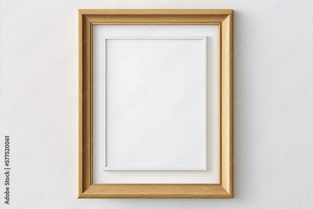Light wooden frame for picture hanging on white wall. Generative AI Light wooden frame for picture hanging on white wall. Generative AI