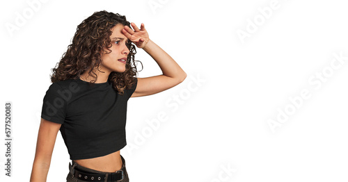 Obraz na plátně Radiant young woman with stunning curls looking far away keeping hand on forehead