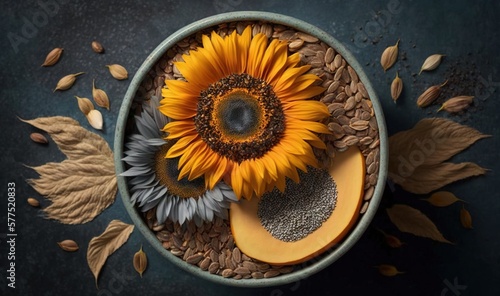  a sunflower in a bowl with seeds and leaves around it. generative ai