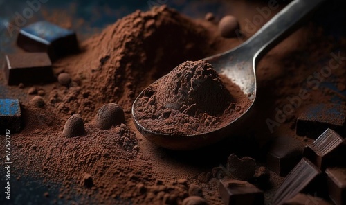  a spoon full of cocoa powder next to chocolate chunks and pieces of chocolate.  generative ai