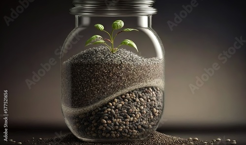  a glass jar filled with dirt and a plant growing out of it.  generative ai