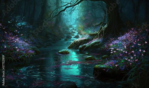  a painting of a stream running through a forest filled with flowers. generative ai