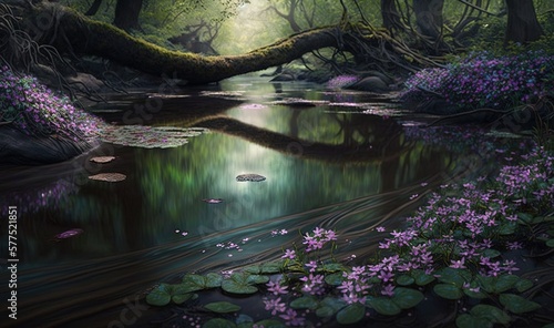  a painting of a river in a forest with purple flowers. generative ai