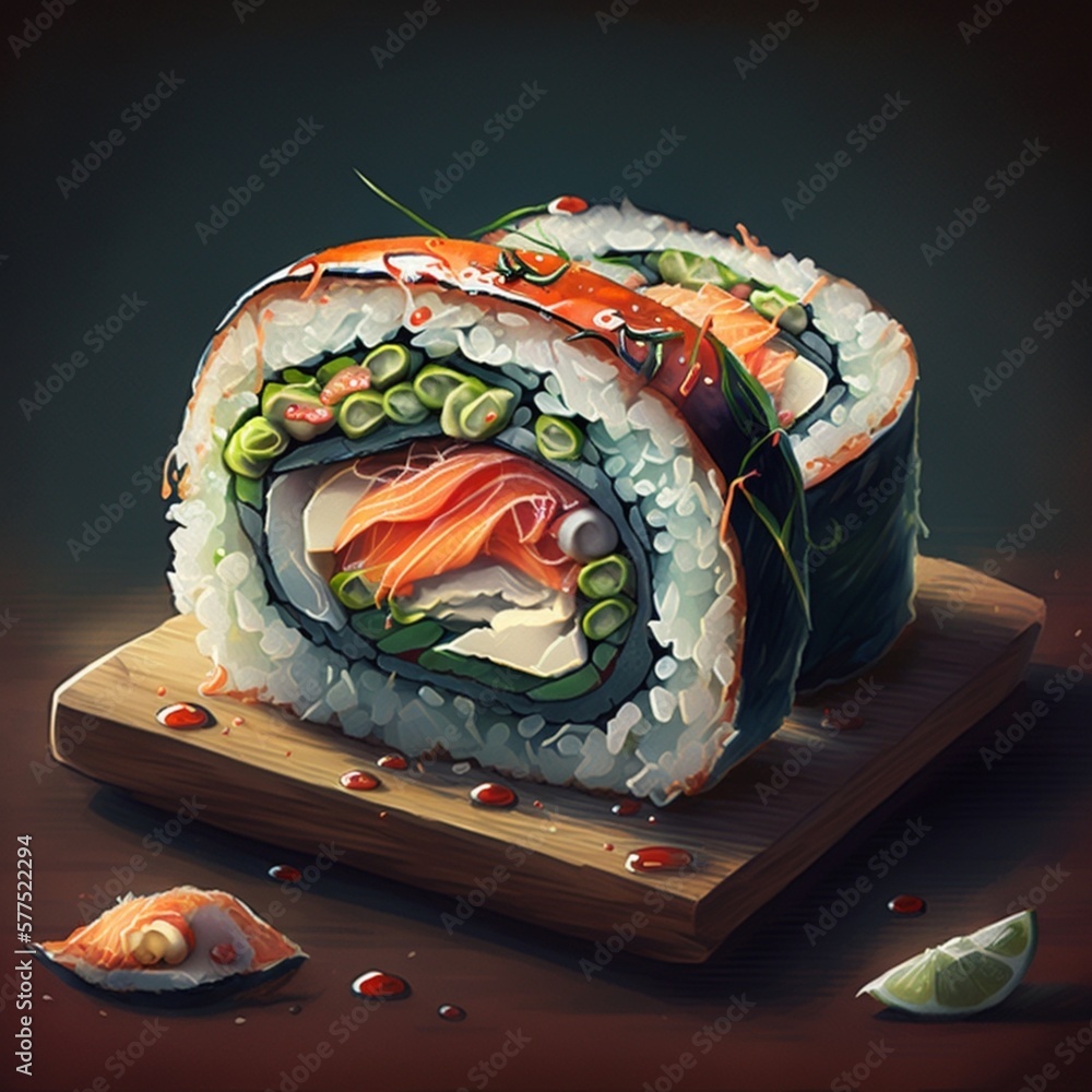 Japanese rolls with fish on a blue gradient background. Japanese