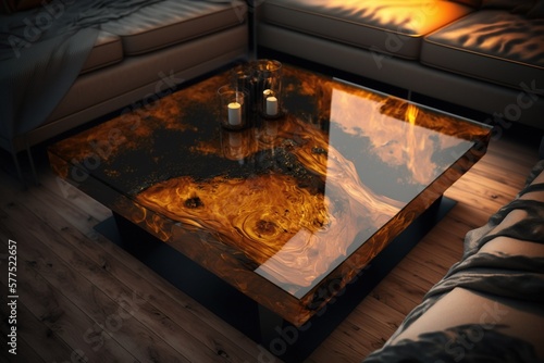 Brown epoxy resin coffee table. Generative AI.