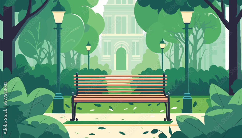 Flat vector illustration of a summer green alley in a city park with a bench. - obrazy, fototapety, plakaty 
