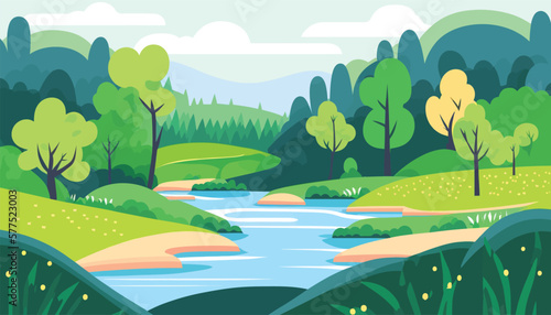 Spring or summer landscape with field, green hills, river and forest. Vector illustration in trendy flat simple style. Background for banner, greeting card or poster