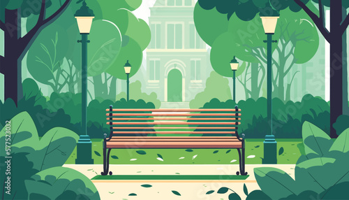 Flat vector illustration of a summer green alley in a city park with a bench.