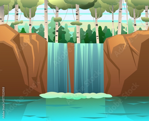 Waterfall in rocks. Coniferous thickets and birch grove. Landscape with rocks and river among stones. Water is flowing. Splashes are pouring. Cartoon fun style. Flat design. Vector.
