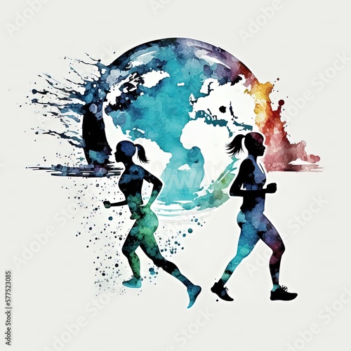 Fit man and woman silhouettes exercising  giant water droplet splashing on to globe in the background. Generative AI.