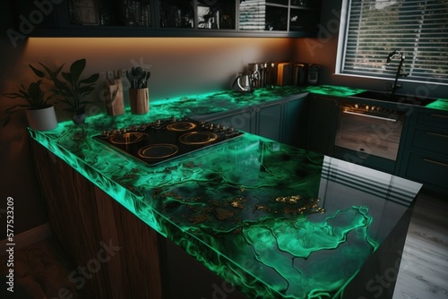 Green epoxy resin kitchen countertops. Generative AI. 