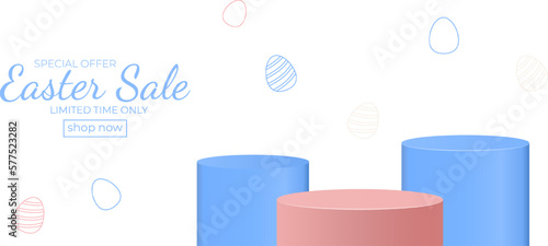 Easter eggs podium with 3d vector in blue and pink scene background. Easter day with geometry platform for product presentation. Stand to show cosmetic products. Stage showcase on pedestal