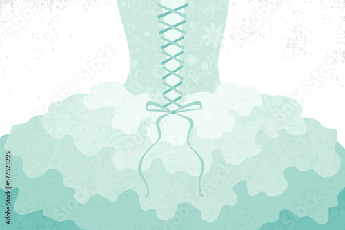 An abstract close up of the back of a ruffle ball gown dress, in a cut paper style with textures
