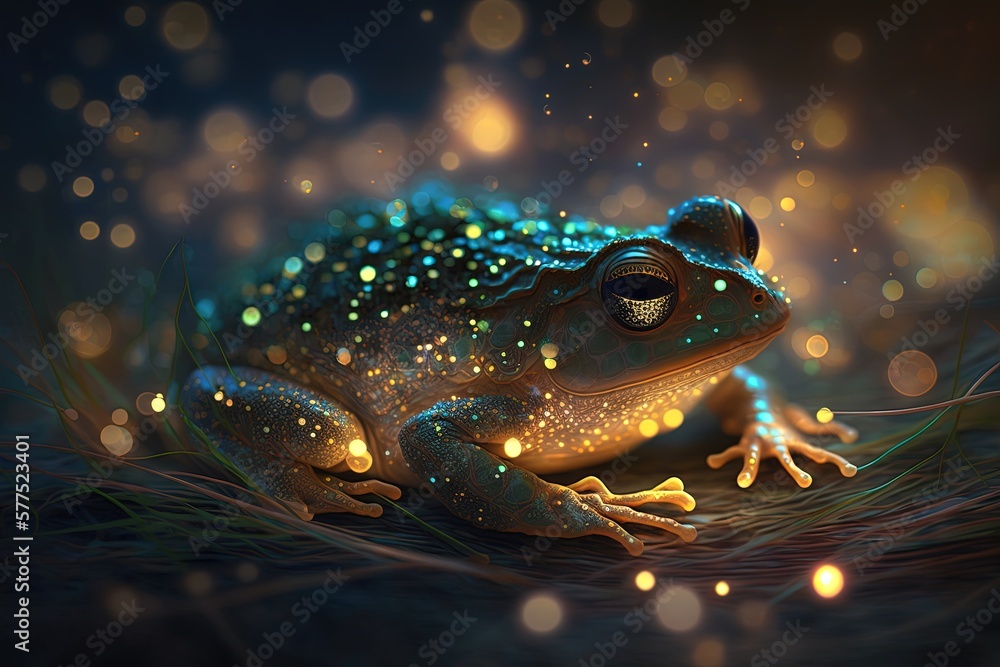 Luminescent curled up sleeping frog, fireflies bokeh in front of the