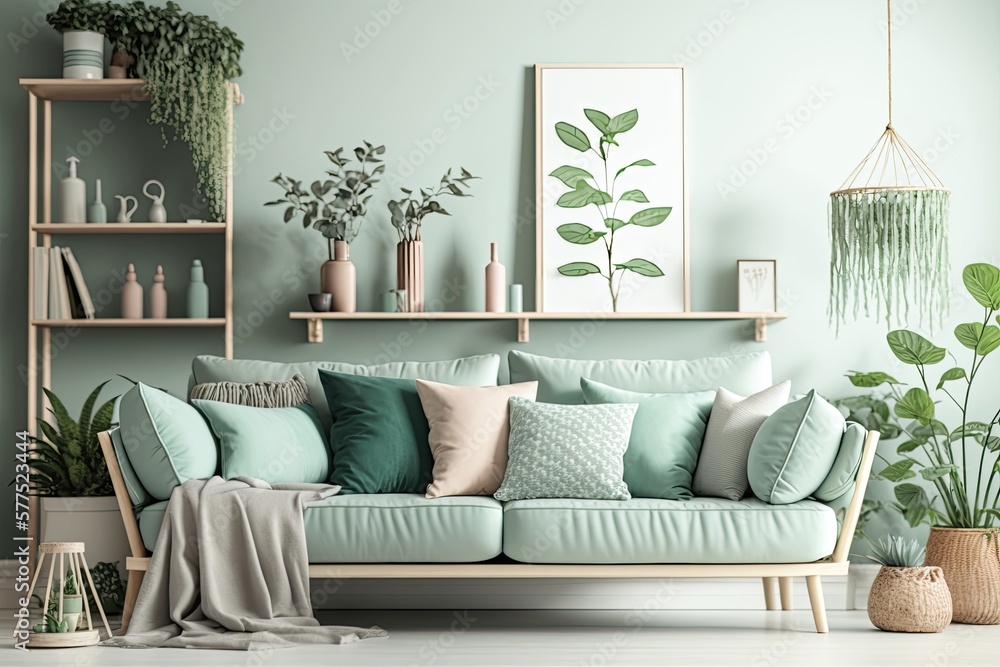 Modern composition of living room interior at apartment with mint sofa,  wooden ladder, plants, pillow, lamp and elegant accessories. Stylish home  decor. Template. Eucalyptus color concept. Generative ilustración de Stock  | Adobe