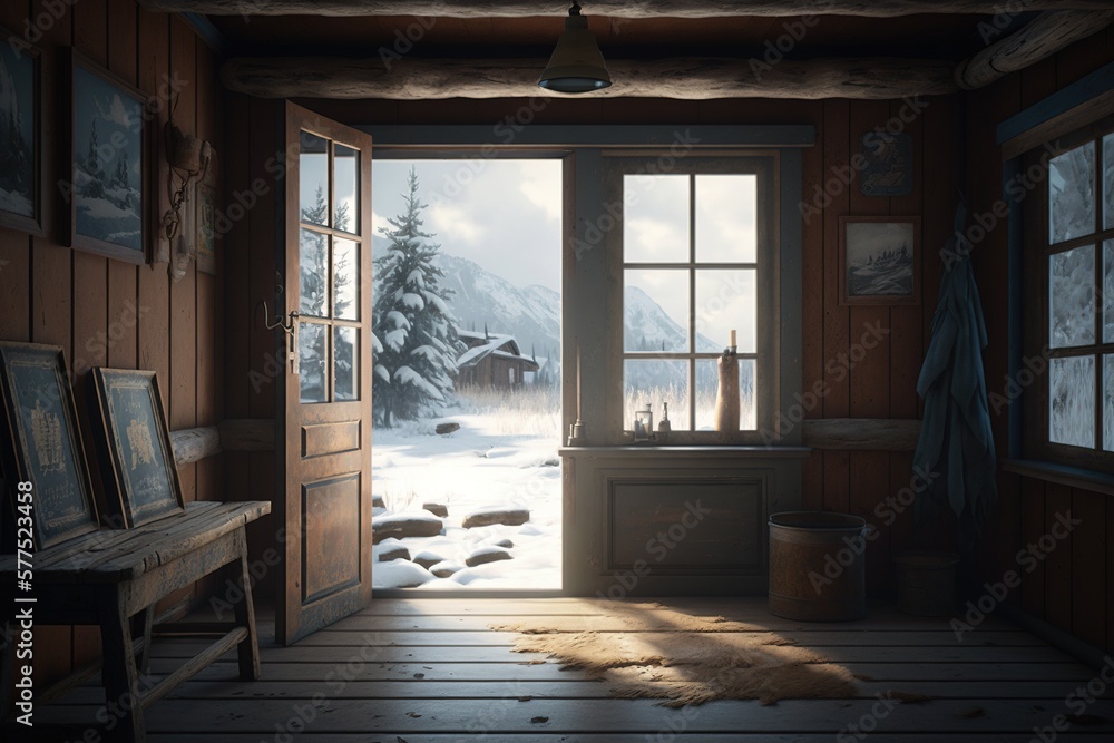 Old cabin from inside, cold outside. Generative AI.