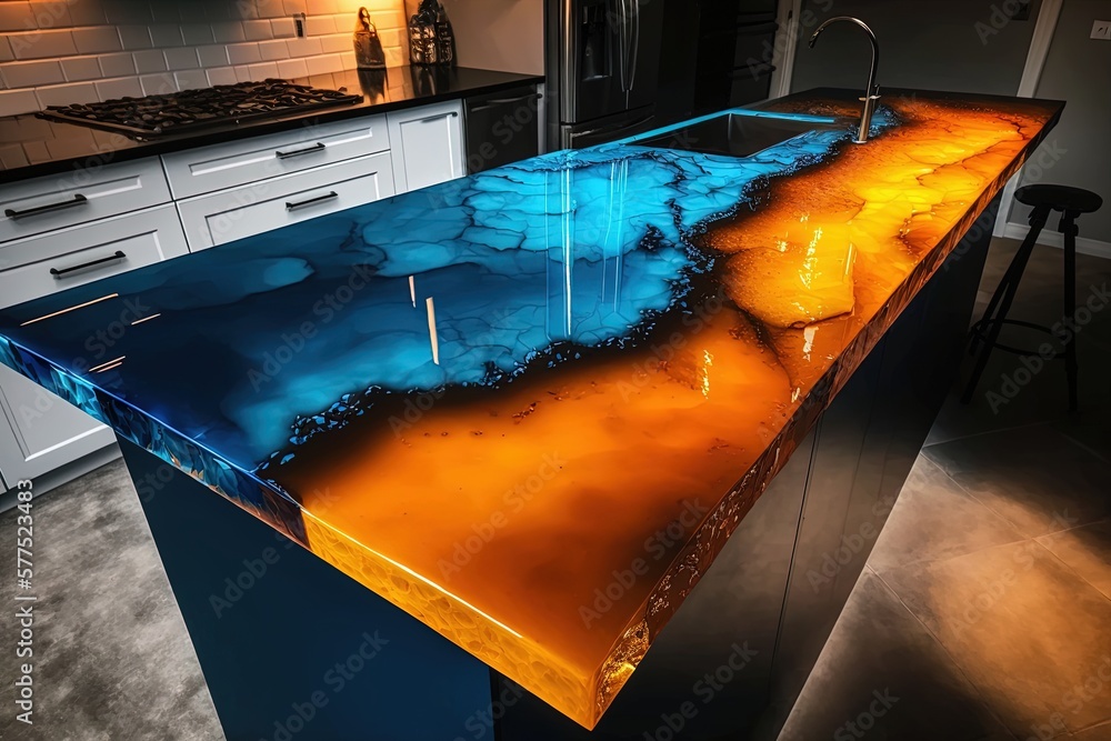 Blue and orange epoxy resin kitchen countertops. Generative AI. Stock  Illustration