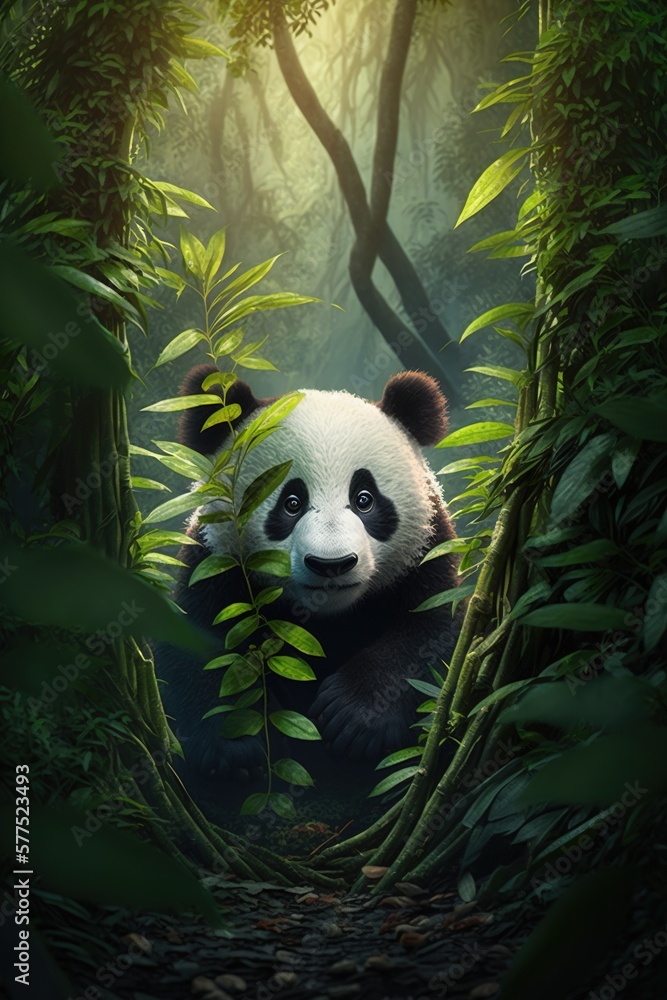 Fototapeta premium Panda hiding in Bamboo forest. Generative AI.