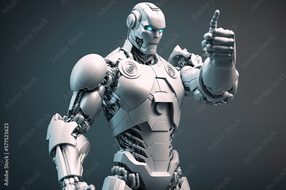 White cyborg pointing his finger. Generative AI. White cyborg pointing his finger. Generative AI.