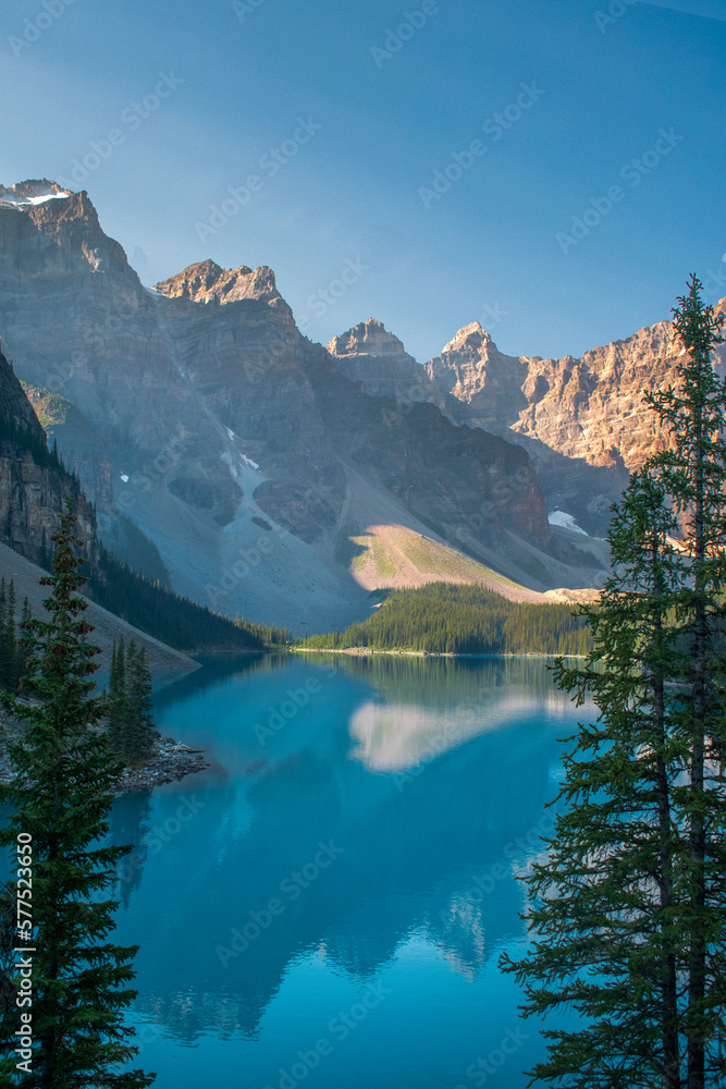 Serene Majesty: Moraine Lake's Breathtaking Beauty on a Clear Day.