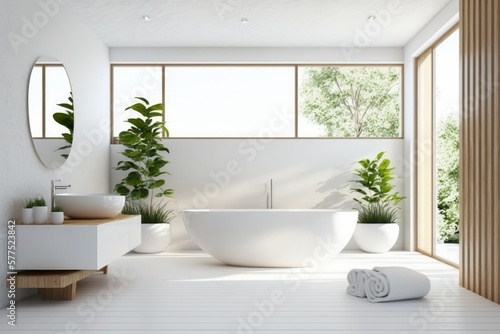 White and wood wall bathroom interior with tiled floor, panoramic window, white bathtub, and vases. mock up. Generative AI © 2rogan
