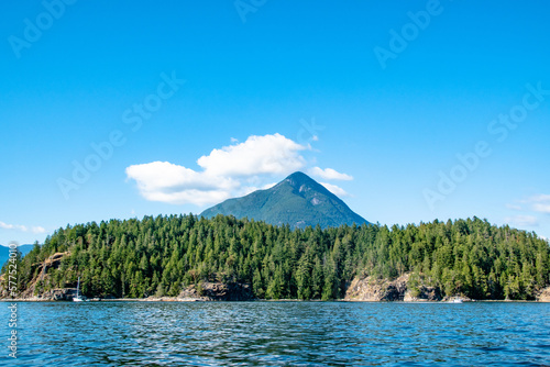 Tropical Mountains & Island on Summer Day Along Strait of Georgia in Vancouver Island, British Columbia, Canada