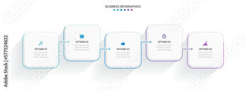 Timeline infographic with infochart. Modern presentation template with 5 spets for business process. Website template on white background for concept modern design. Horizontal layout.