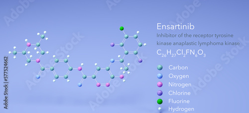 ensartinib molecule, molecular structures, Inhibitor tyrosine kinase, 3d model, Structural Chemical Formula and Atoms with Color Coding photo