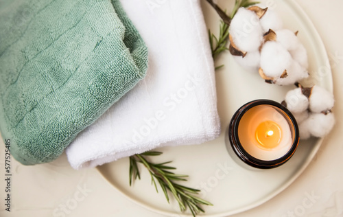 Calm spa setting with candle