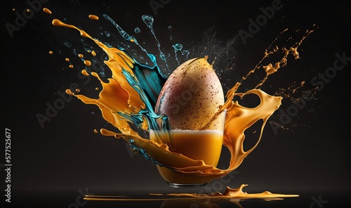  an egg splashing into a glass of orange juice on a black background.  generative ai photo