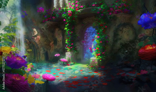  a painting of a garden with flowers and a waterfall in the background.  generative ai © Anna