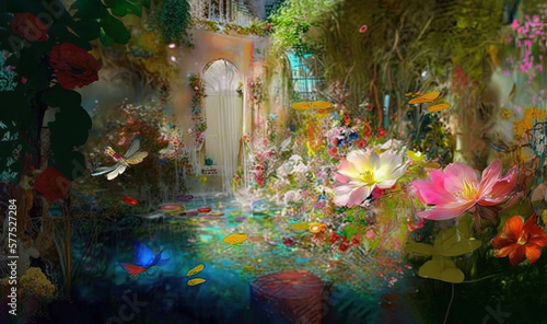  a painting of a garden with flowers and a fairy door. generative ai