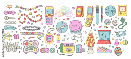 Y2k set items. Hairpins, bracelets, flip phones and other elements in trendy nostalgic 2000s style. 90s, 00s childhood aesthetic.  photo