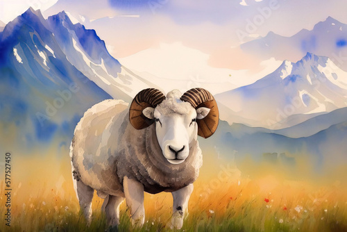 Picturesque watercolor portrait of alpine sheep grazing against the backdrop of the mountains. Generative AI. © Mountains Hunter