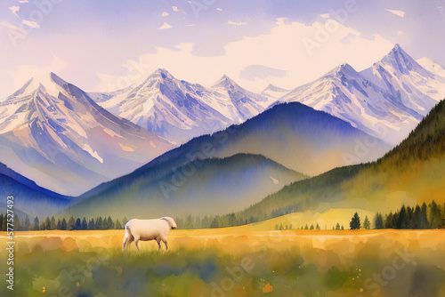 Picturesque watercolor portrait of alpine sheep grazing against the backdrop of the mountains. Generative AI.