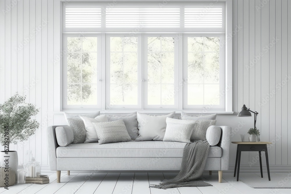 Draft of a completely white project, copy space in the living room. A fabric sofa with pillows and venetian blinds over the windows. design of a farmhouse interior. Generative AI Draft of a completely white project, copy space in the living room. A fabric sofa with pillows and venetian blinds over the windows. design of a farmhouse interior. Generative AI