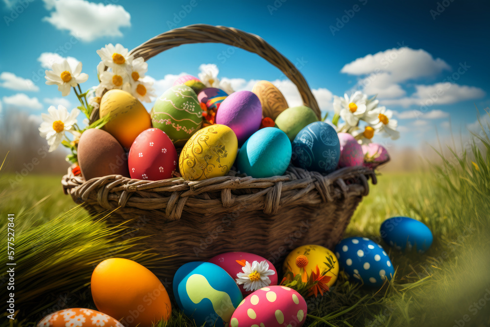 Woven basket decorated with spring flowers, full of colorfully painted easter eggs on a spring meadow under a blue sky and white clouds, generative AI