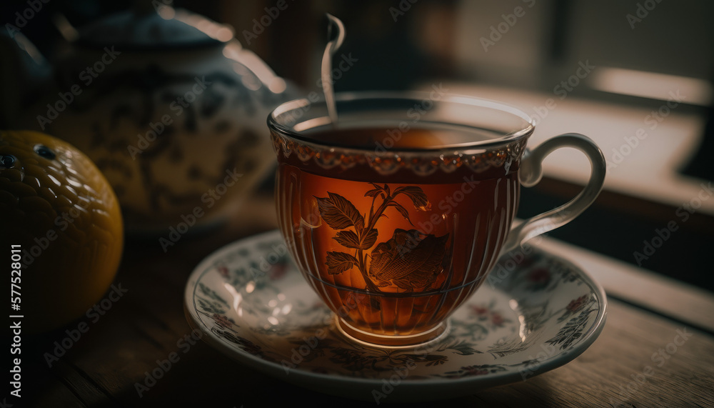 glas cup of tea on a wooden table Generative AI, Generativ, KI glas cup of tea on a wooden table Generative AI, Generativ, KI