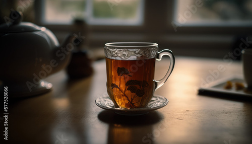 glas cup of tea on a wooden table Generative AI, Generativ, KI