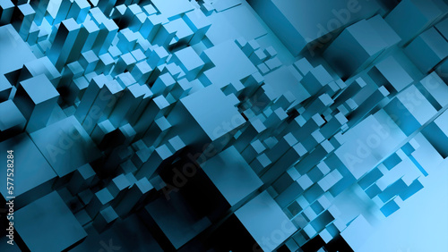 White and blue broken background. Design.Three D squares growing in different sizes in abstraction.